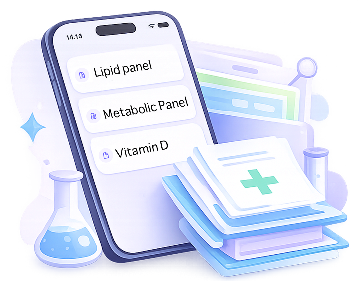 App screen showing a list of saved laboratory tests.