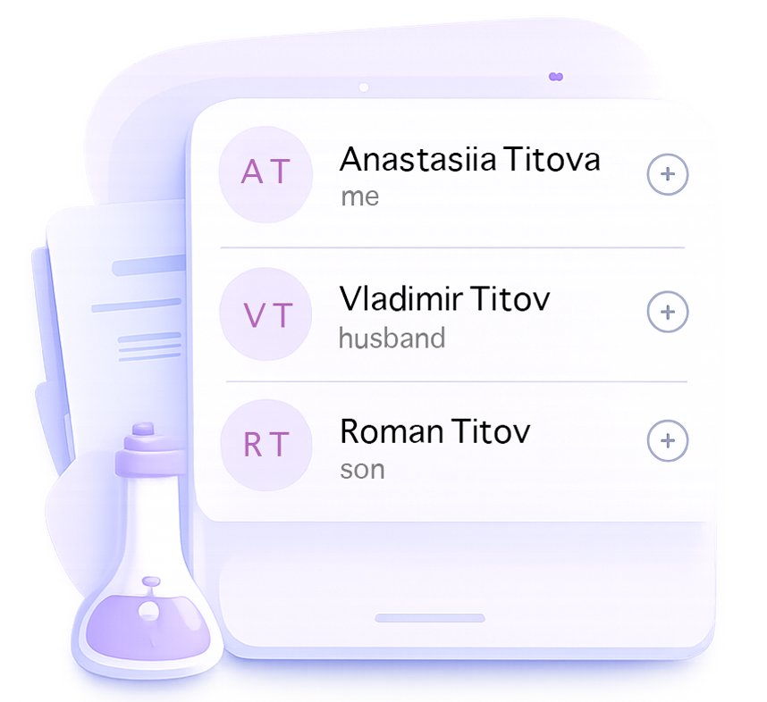 App screen with multiple family profiles and relationships.