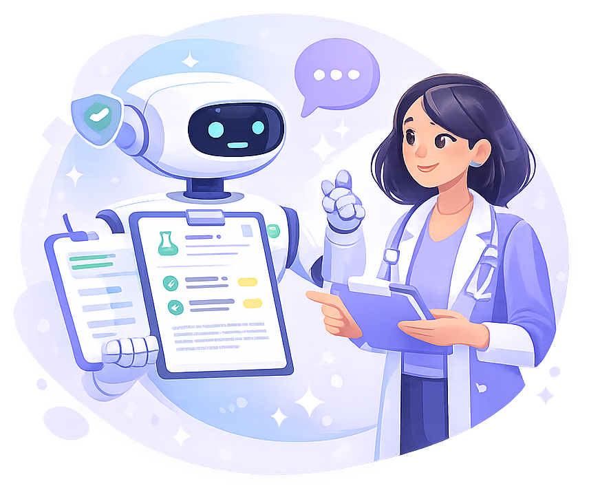 Illustration of AI assistant helping a doctor explain results.